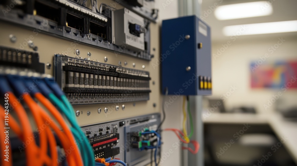 Poster a close-up view of a control panel with colorful cables and electronic components, showcasing a mode