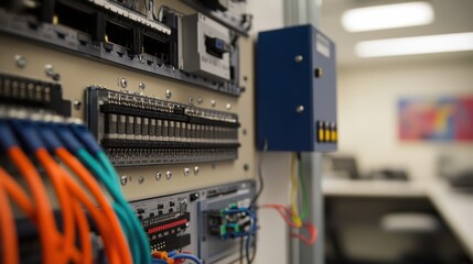 A close-up view of a control panel with colorful cables and electronic components, showcasing a modern workspace's technical setup.