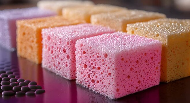 Colorful sponges arranged in a row, showcasing texture and bubbles.