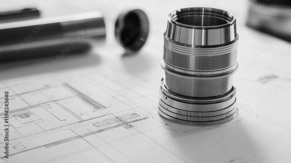 Poster close-up of a precision engineering part on technical blueprint providing insight into industrial de