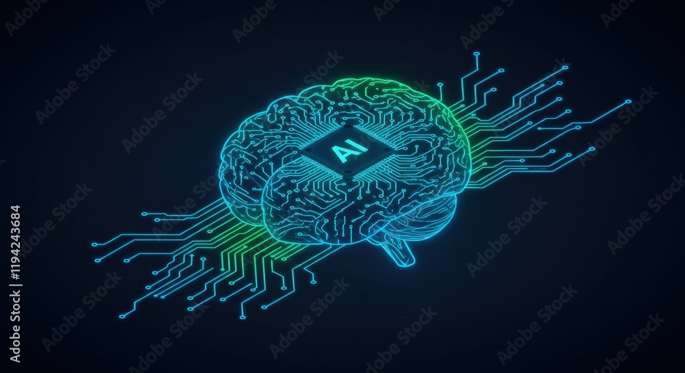 Poster futuristic ai brain with neural connections and digital circuitry