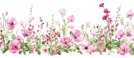 Naklejka premium Watercolor Pink Flowers Blossom Abundantly in Vibrant Garden, Blooming Delicately in Summer Sunlight. Botanical Illustration with Floral Delights.