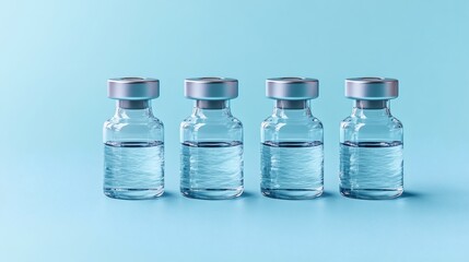 Four Glass Vials Containing Clear Liquid Resting on Blue Background