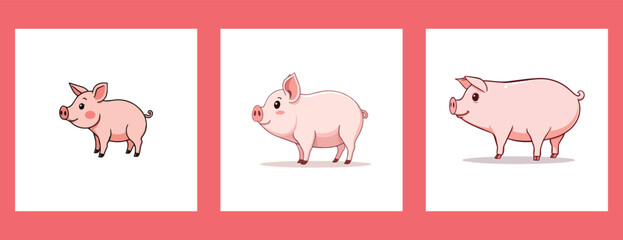 Three cute pink pig cartoon clip art vector illustration set collection soars like a piggybank of savings animal, pigs, farm, pork,  digital, image, icon, symbol, element, character, baby, little,