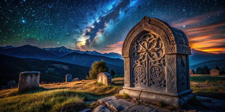 Night Photography: Medieval Stecak Tombstone, Straight Line Decorations, Niksic, Montenegro