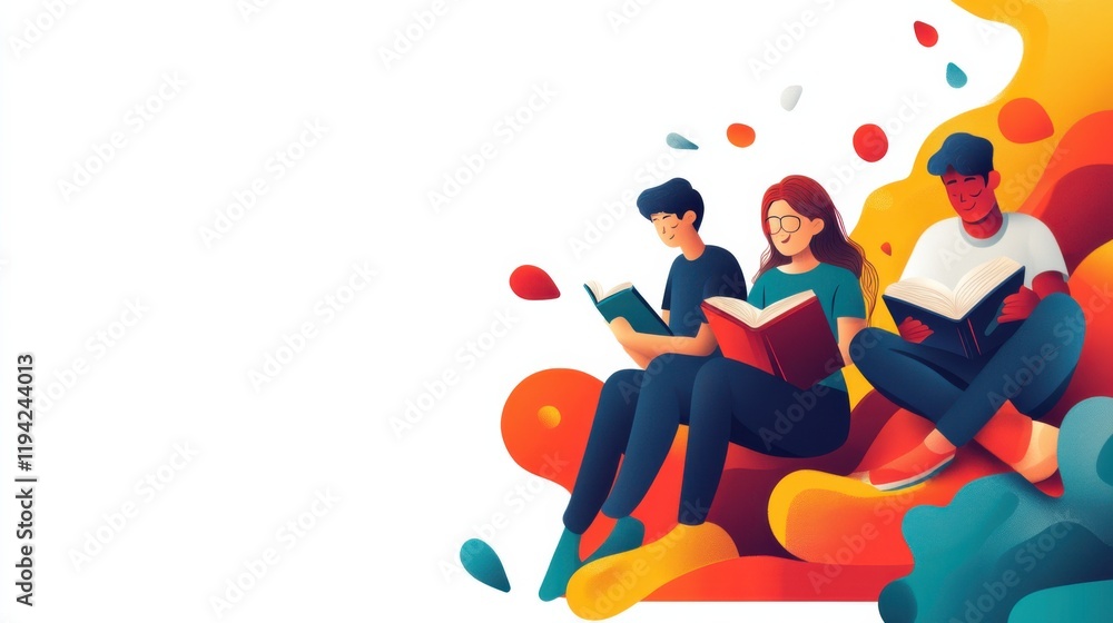 Poster diverse group of young adults enjoying reading books in a colorful artistic environment with abstrac