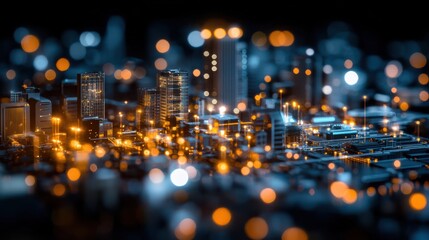 Fototapeta premium A vibrant cityscape at night, featuring blurred lights and skyscrapers, creating a dreamy, atmospheric effect.