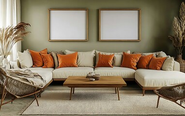Modern living room, sectional sofa, neutral palette, natural decor, calm atmosphere