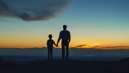 Father and Son Watching Sunset: A Silhouette of Shared Moments Against City Lights and Mountains