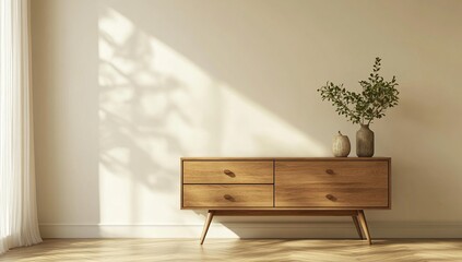 Sunlight Illuminates Wooden Dresser with Greenery, Creating a Serene Home D?cor Atmosphere.