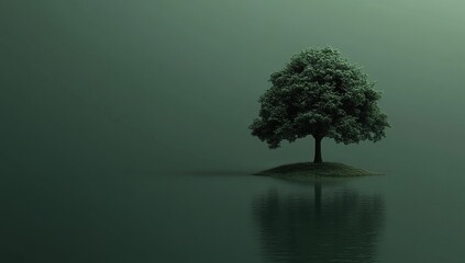 Solitary Tree on Island Reflects in Still Water, Creating Serene Atmosphere: Nature's Tranquility, Peaceful Landscape