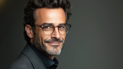 Obraz premium Smart businessman smiling at camera, wearing trendy transparent glasses