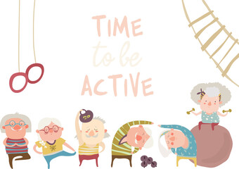 Cartoon elderly people doing exercises. Vector illustration