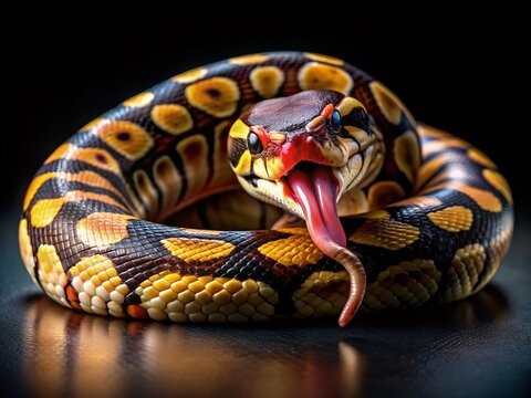 Paradox Calico Morph Ball Python on Black Background - Exotic Reptile Stock Photo