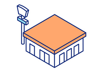 アイソメトリックのコンビニエンスストアのイラスト。ポール看板のある平家の店舗。