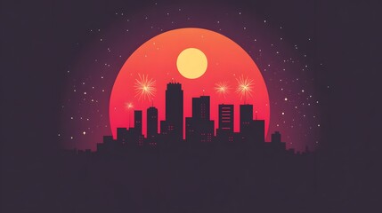 City skyline silhouette during sunset with skyscrapers and urban landmarks in a vibrant sky background