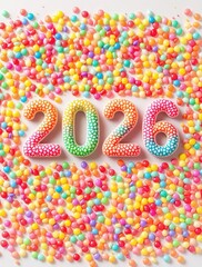 Colorful candy numbers celebrate 2026 surrounded by vibrant sweets