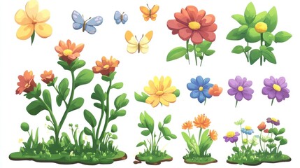 Colorful flowers, butterflies, garden, illustration, white background, children's book