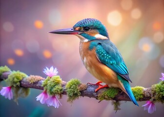 Fototapeta premium Pastel Kingfisher Bird on Branch, Low Light Photography, Delicate Feathers