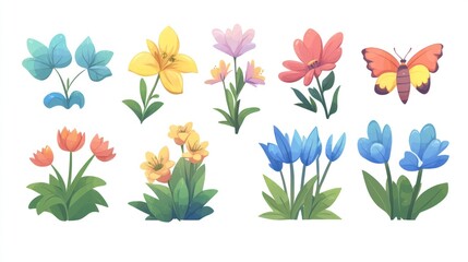 Colorful flowers, butterfly, spring garden, illustration, design