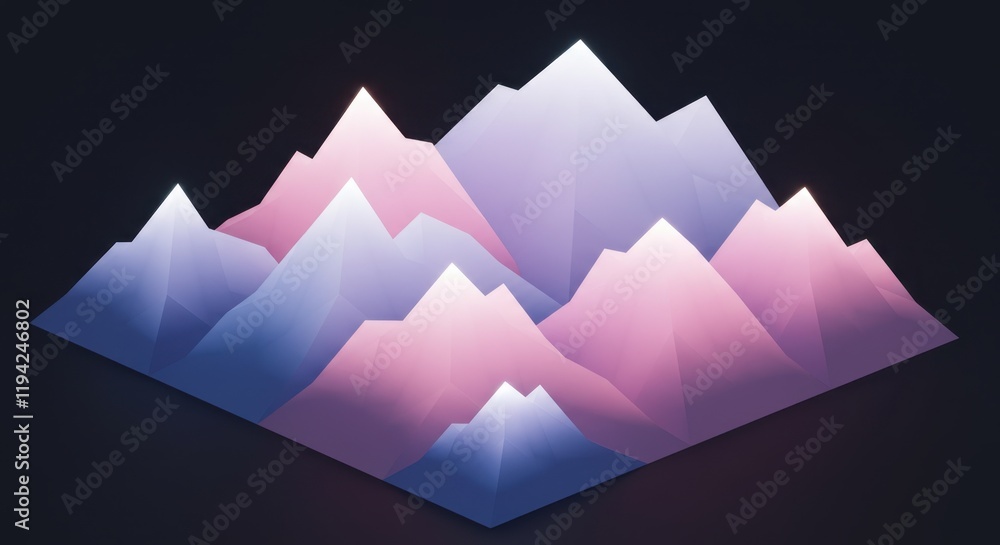 Poster abstract geometric mountains with soft gradient in pastel colors on dark background
