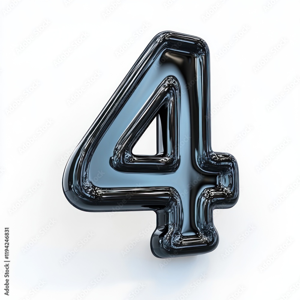 Poster Reflective Number Four: A 3D Render of a Shiny, Dark Number Four