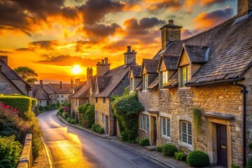 Obraz premium Picturesque Cotswold Cottages Silhouette at Sunset, Broadway High Street