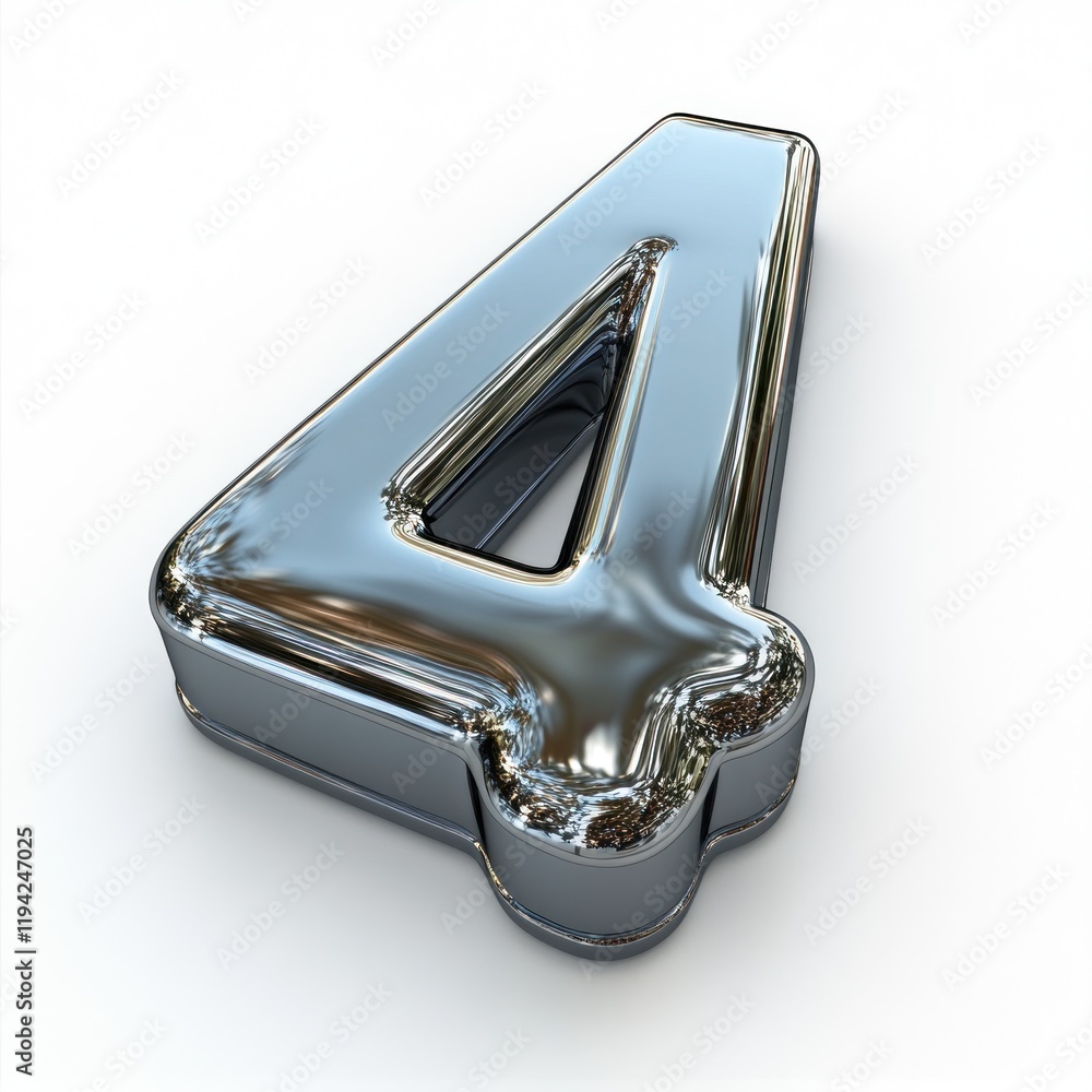 Poster chrome number four: a 3d render of a shiny metallic digit