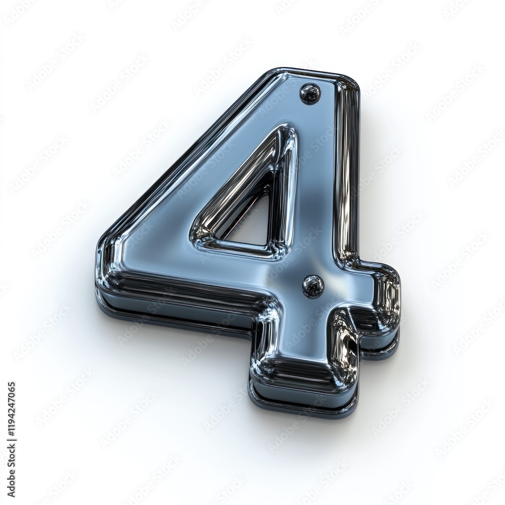 Poster chrome number four: a 3d render of a shiny metallic digit
