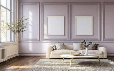 Elegant living room, pastel walls, sofa, coffee table, mockups. Interior design inspiration