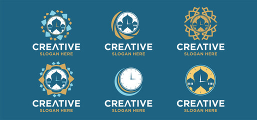 Islamic clock logo, collection of time reminder logos with mosque concept.