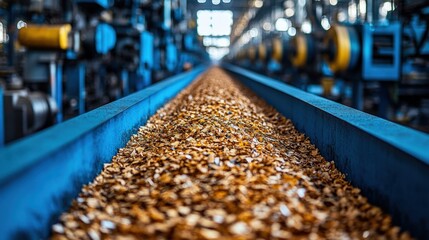 Industrial conveyor belt transporting granular materials in a large factory setting, showcasing the processes of manufacturing and production in an automated environment