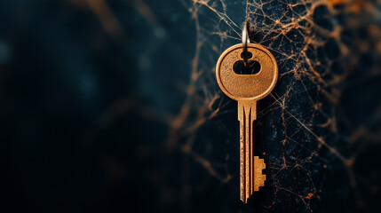 Close-up of an antique key against a dark, textured background