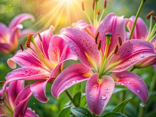 Fototapeta premium Pink Perfection Lily Blossoms: Macro Morning Sunlight Photography