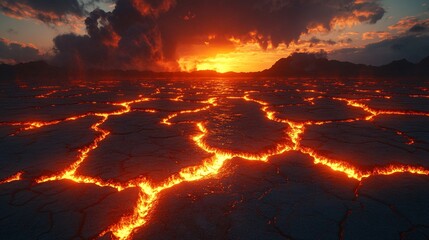 A cracked desert floor with glowing veins of molten lava in between