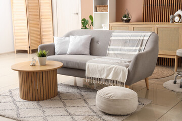 Interior of modern living room with sofa, pouf and stylish coffee table