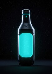 Futuristic glowing drink bottle on starry background