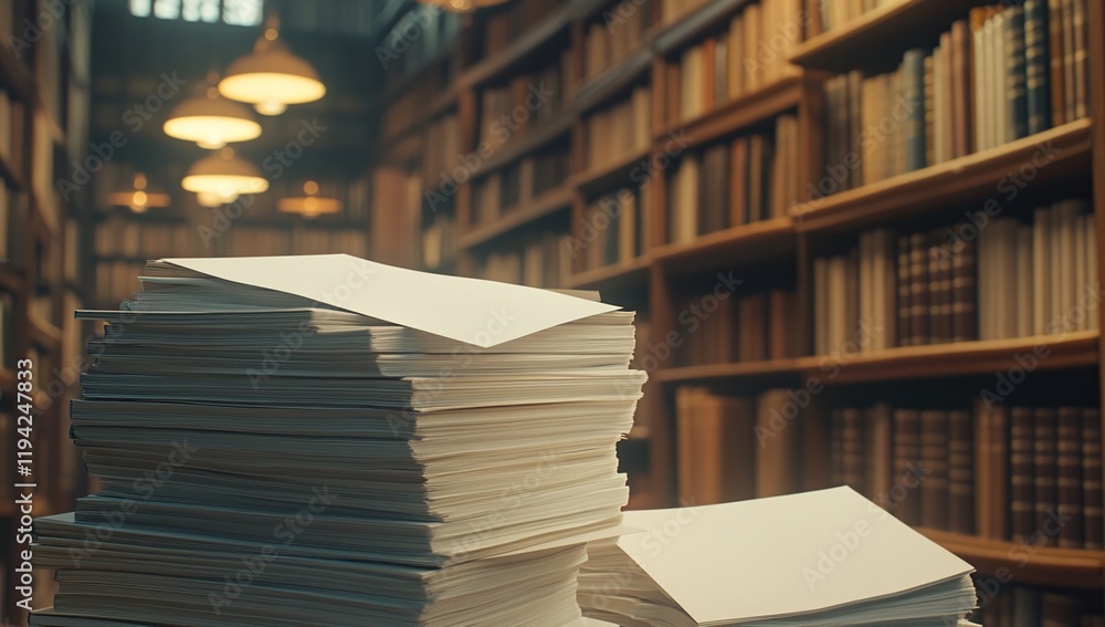 Poster stacks of papers in a library: a collection of documents and books, quietly resting in a serene sett