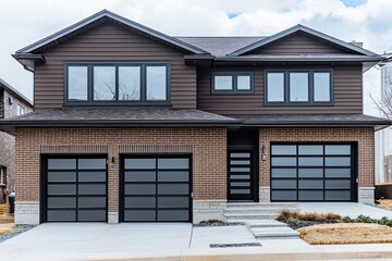 Stylish home with brown brick base and gray siding.