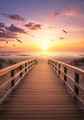Fototapeta premium Serene beach sunrise with wooden pathway and soaring seagulls over golden horizons