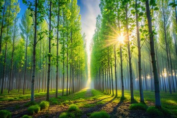 Obraz premium Poplar Tree Nursery: Double Exposure of Saplings and Sunlight