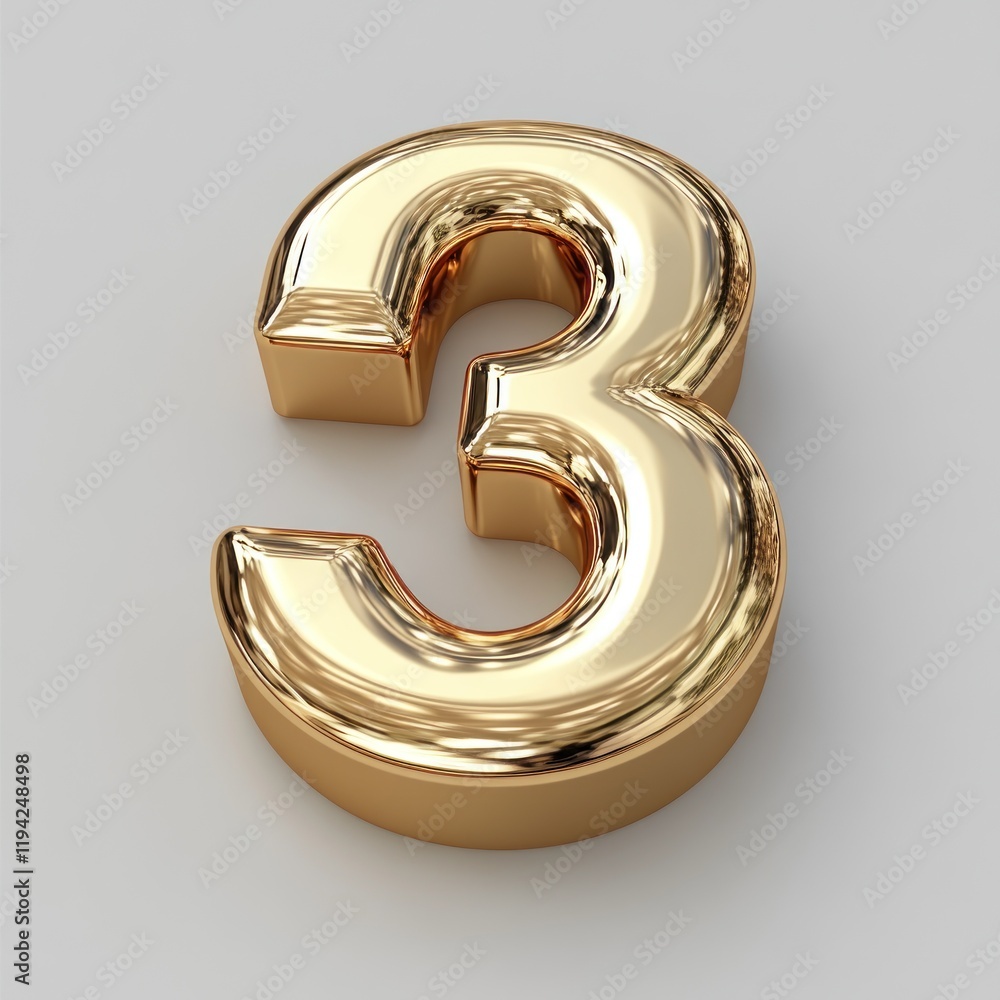 Poster golden number three: a 3d render of a shiny gold number three