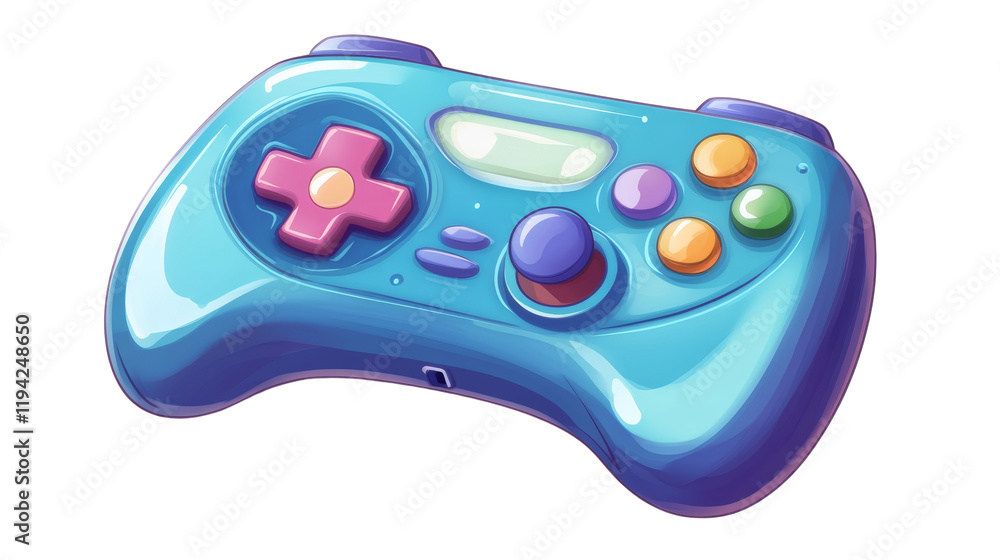 Aufkleber the image depicts a stylized blue video game controller with colorful buttons and a joystick.
