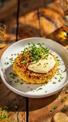 Gourmet crab cake with aioli and fresh herb garnish on rustic wood table