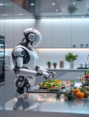 Futuristic kitchen: robot chef prepares a fresh salad in a modern kitchen