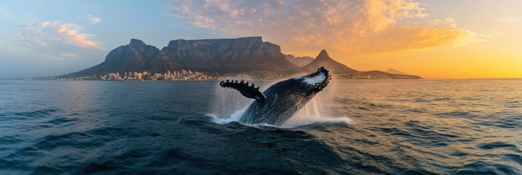 Majestic Whale Breaching at Sunset Dramatic Coastal Cityscape