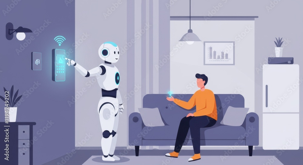 Poster Futuristic home automation with robot and smart devices