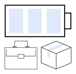 Battery charge indicator, formal briefcase, and cardboard package box symbolize energy, productivity, and shipping. Ideal for efficiency, office tasks, business tools, energy resources logistics