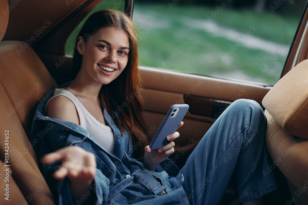 Wall mural Smiling young woman with long hair in casual outfit enjoying time in a car while using smartphone, ideal for lifestyle and technology themes.