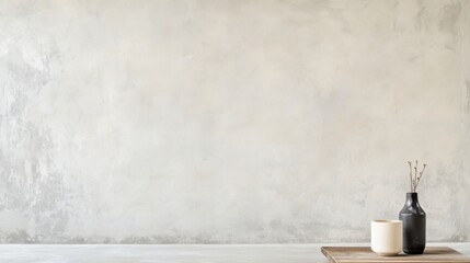 Minimalist interior scene featuring a wooden table with a white candle and a black vase on a soft textured light gray wall background for modern decor inspiration